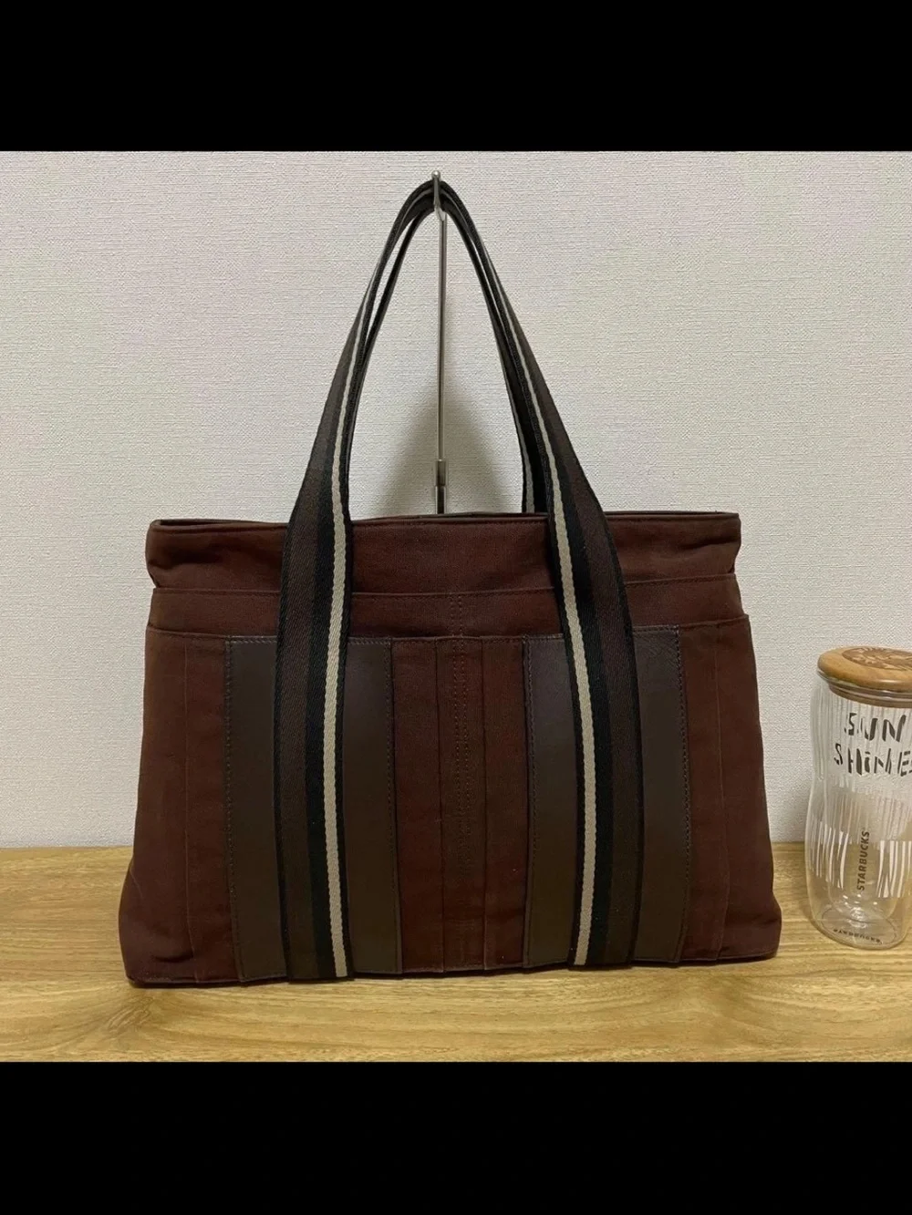 Hermes Brown Canvas Messenger Tote with Striped Webbing Handles